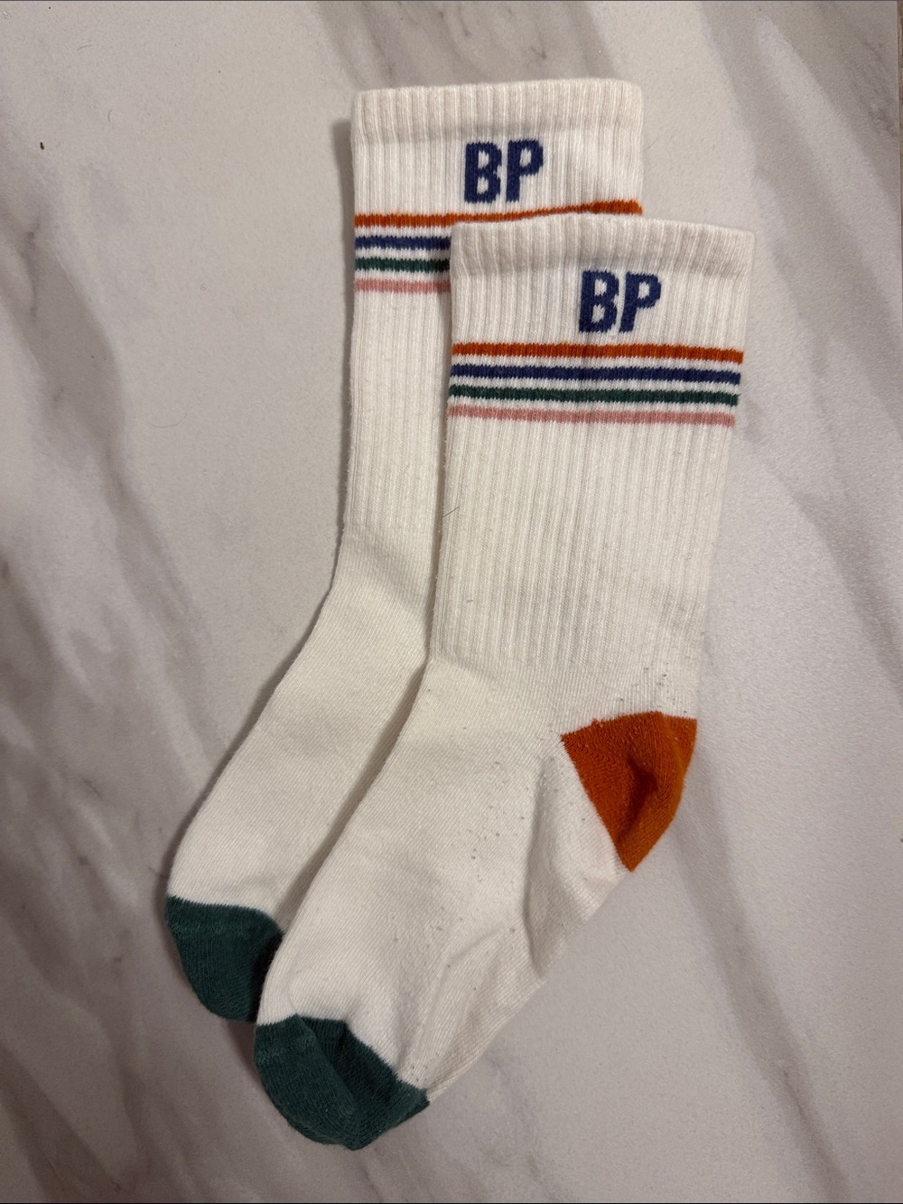 Balzac Paris Off-White Crew Socks with Blue Logo and Colorful Accents